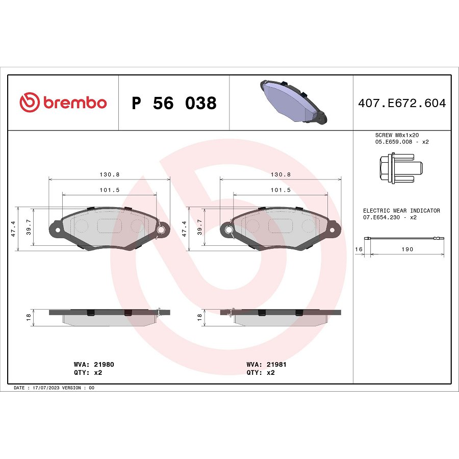 4 pastilhas travão brembo p 56 038